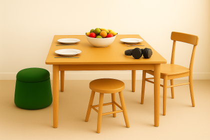 Dining Area with Fresh Fruit and Headphones